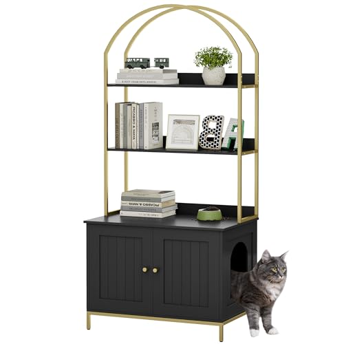 Homhedy Cat Litter Box Enclosure, Litter Box Furniture Hidden with 2-Tier Storage Shelves, Wooden Cat Washroom Furniture with Metal Frame, Modern Style, Black and Gold