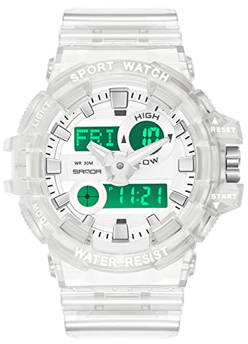 Gosasa Sanda Mens Womens Large Dial Transparent Multifunction Digital Watch Casual Dual Display 12H/24H Stopwatch Calendar Unisex Wrist Watch