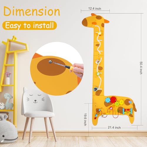 Image of Dollox Giraffe Activity Wooden Wall Panels, 7-in-1 Toddler Multifunctional Busy Board Sensory, Interactive Educational Toy Montessori Wall Decor Preschool Toy for Daycare Activity Center Livingroom