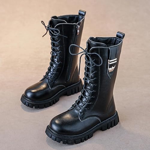 Girl's Knee High Boots Lace Up Side Zipper Combat Boots, Mid Calf Riding Boots PU Leather Punk Goth Lug Sole Boot for Girl Toddler/Kid 4-11 Years,Non Slip Riding Boots Lug Sole Chunky Heels Shoes4