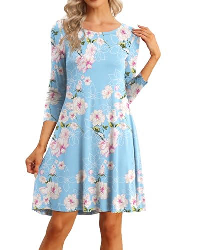 Image of VIISHOW Womens Round Neck 3 /4 Sleeves A-line Casual Tshirt Dress with Pocket