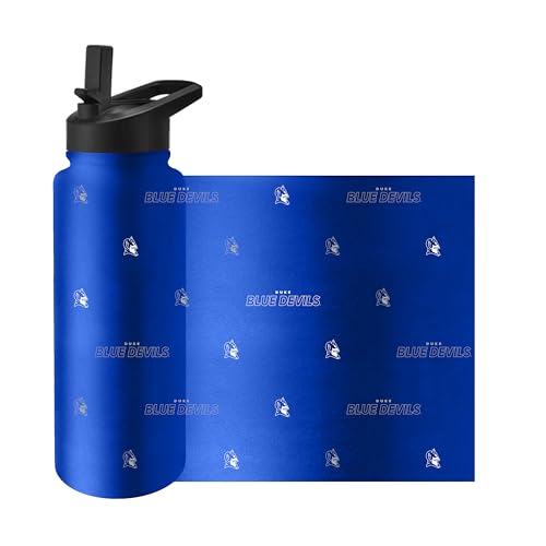 Image of Logo Brands NCAA Duke Blue Devils Step & Repeat 34 oz Stainless Steel Quencher Bottle - All Over Logo Design, No-Spill Lid, Easy Carry Handle - Keeps Drinks Cold For Hours