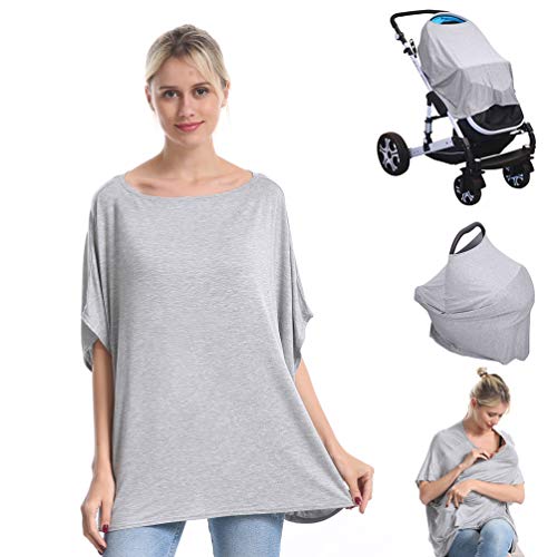 Image of Nursing Breastfeeding Cover Car Seat Canopy for Infant Baby, Soft Bamboo Jersey, Extremely Stretchy, All-in-one Carseat Stroller Cover, Nursing Cover Up Poncho Tops Clothes, Nurse Gift Grey