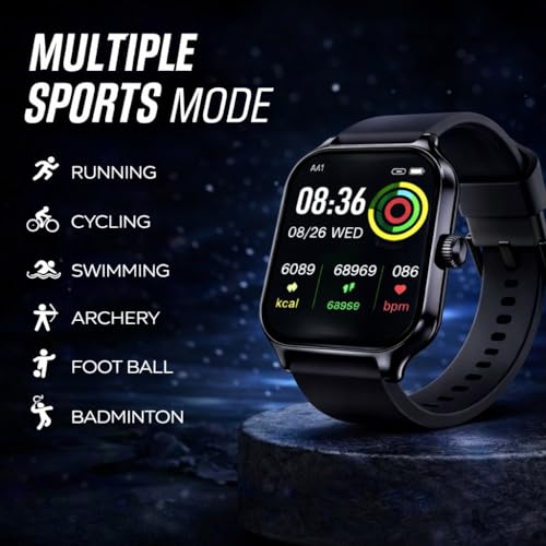Image of Bouncefit H9 Smart Watch for Men, Women, Boys, Girls, Kids - 2.01 inch Full Touch Screen Display, Bluetooth Calling, Rotating Crown, Workout Modes, Wireless Charging Smart Watch - Black AA