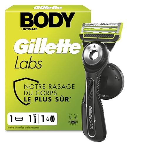 Gillette Labs Body + Intimate Rasoir Intime Homme, 1 Cartouche, Noir – Conçu pour le Rasage du Corps et du Pubis, Lames avec une Barre Anti-Poils Incarnés...