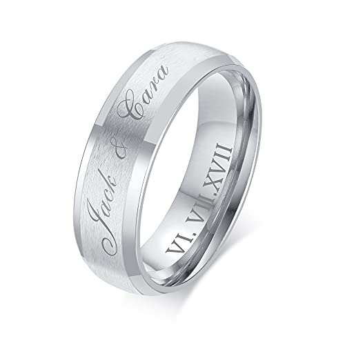 MEALGUET Custom Engrave Name Ring Men\'s Stainless Steel Brushed Finish 6MM Silver Comfort Fit Plain Wedding Band Ring Sizes 5-13,Personalized Ring Gift for him,Promise Ring Wedding Ring Gift