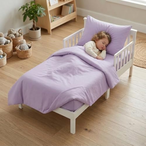 Image of EVERYDAY KIDS 4 Piece Toddler Bedding Set - Includes Comforter, Flat Sheet, Fitted Sheet and Pillowcase - Solid Purple