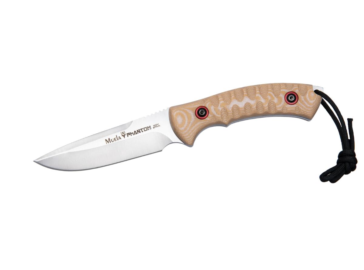 LO TRINCO YO Muela Cuchillo PHANTOM-12D/K hoja de acero MoVa1.4116 de 12 cm y empuñadura de Micarta color desierto con separadores negros para Caza, Pesca, Supervivencia y Bushcraft.
