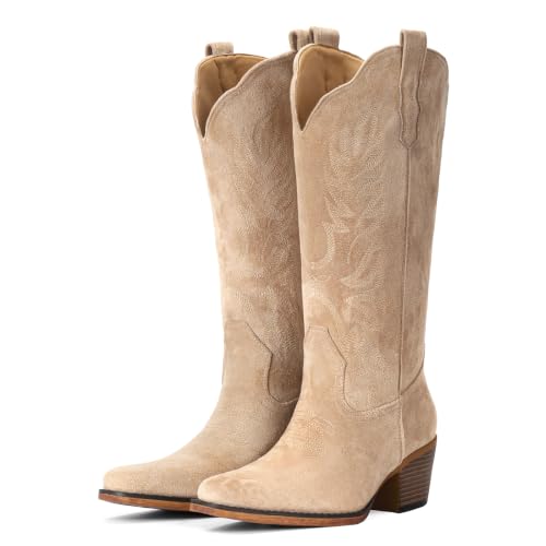 Image of IUV Suede Cowboy Boots for Women Mid Calf Western Cowgirl Boots | Retro Embroidered Snip Toe Chunky Heel Western Boot for Country Concert Music Festival Cowboy Chic