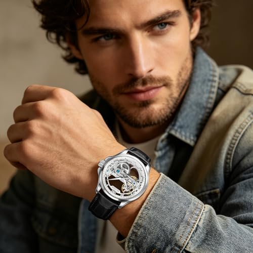 Image of OLEVS Skeleton Watches for Men Automatic Self Winding Mechanical Luxury Dress Leather Waterproof Luminous Men Wrist Watch