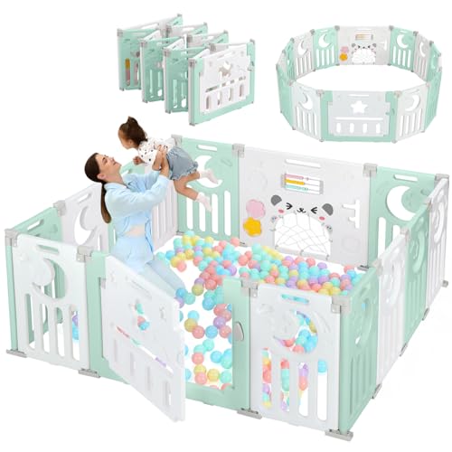 Image of Baby Playpen, Dripex Baby Playard for Babies and Toddlers, 14-Panel Foldable Playpen Adjustable Portable Play Area, Indoor/Outdoor Kids Active Center with Game Panel & Safety Gate, Light Green White