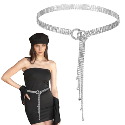 Grevosea Silver Belt for Woman, Rhinestone Chain Belt O Ring Buckle Crystal Waist Belt Bling Diamond Belts for Women Dresses (135cm)