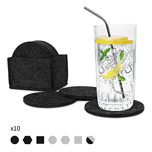 AngLink sous-Verres, sous-Verres en Feutre pour Verres, sous-Verres en Verre antidérapants, lavables, Lot de 10 avec boîte, Gris foncé, Rond, carré, décoratif, pour Tasses, Table, Bar, Maison, Bureau