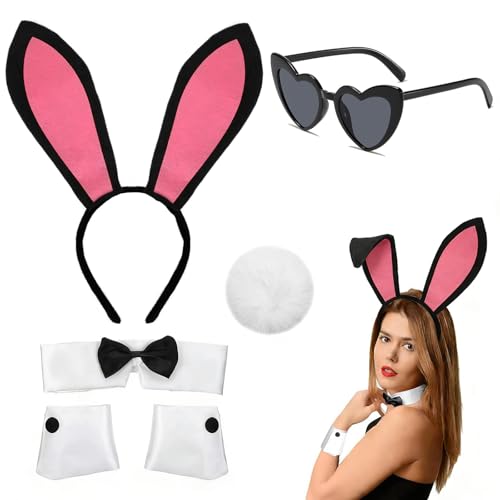 LIULINY 6 Piezas Set de Accesorios de Disfraz de Conejo, Orejas de Conejo Disfraz Diadema con Puños Pajarita Cola Gafas en Forma de Corazón para Cosplay Accesorios Disfraces Carnaval (Negro)