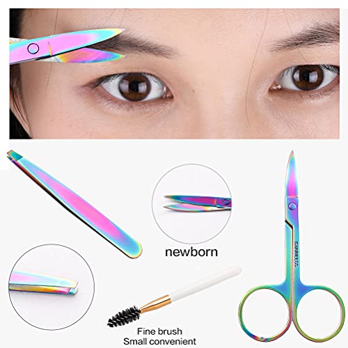 Eyebrow Scissors Kit, Colorful Curved Scissors Eyelash Tweezers And Spoolie Brushes, Multi-Purpose Grooming Tools Set For Eyebrow Eyelash Extension Cuticle Manicure #TOP3