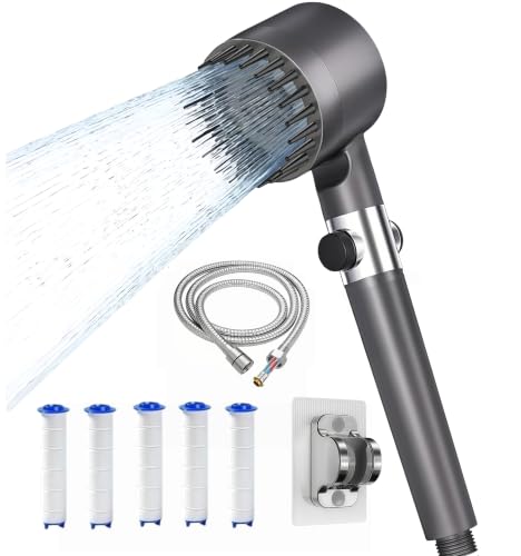 High Pressure Shower Head with 4 Spray Modes Hard Water Filter Shower Heads with 1.5M Hose Stand Filter*5 Handheld Massage Shower Head with Pause Switch Shower Filter for Chlorine Remove Gris