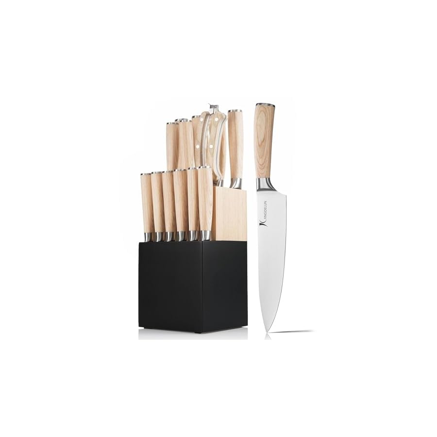 Kangdelun 14 PCS Knife Block Set, Ultra Sharp High Carbon Stainless Steel, Wood Handle