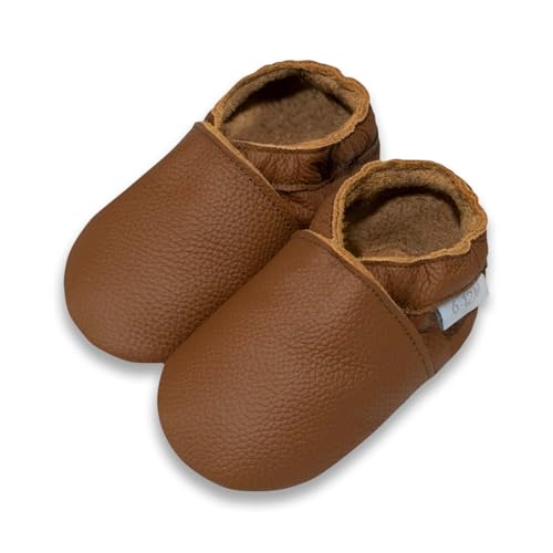 Basrakids Leather Baby Shoes Moccasins Soft sole Slippers Anti-Slip Baby Walking Crib shoes for Infant Toddler Boys Girls Brown (L,12-18 months)