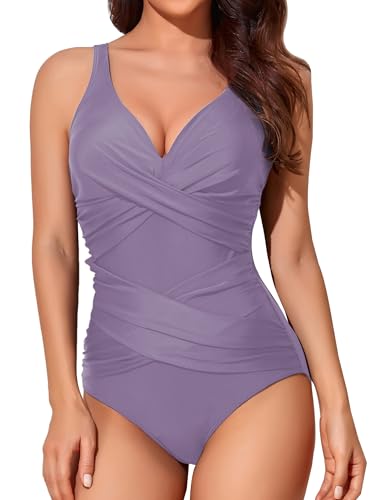 Image of Smismivo Tummy Control Swimsuits for Women Slimming One Piece Bathing Suit Retro Ruched Push Up Vintage Padded Swimwear