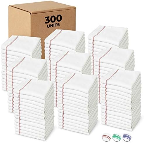Bulk Economy Wholesale Kitchen Dish Towels (300 Towels) - 100% Cotton Herringbone - Commercial Grade - Bleach Resistant - Restaurant Bar Mops - 24 oz/dz - White with Red Stripes