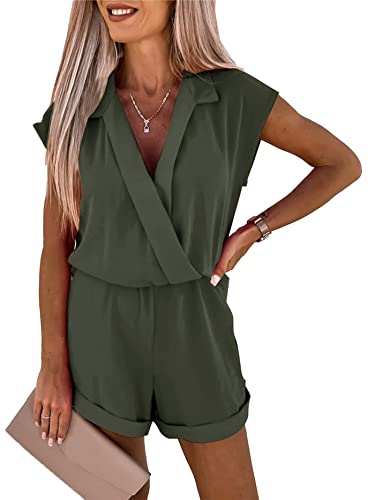 Prettygarden Women's Romper Dressy Summer 2023 Wrap V Neck Short Sleeve Wide Leg Shorts One Piece Jumpsuits (Army Green,Medium) #TOP4