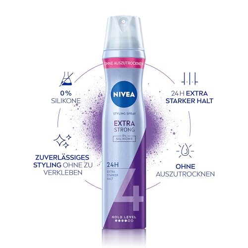 Foto von NIVEA Extra Strong Styling Spray, stärkendes Haarspray mit Panthenol & Vitamin B3, zuverlässiger Haarlack für Stylings mit 24h Halt (Haltestufe 4), veganes Pflegespray (250 ml)