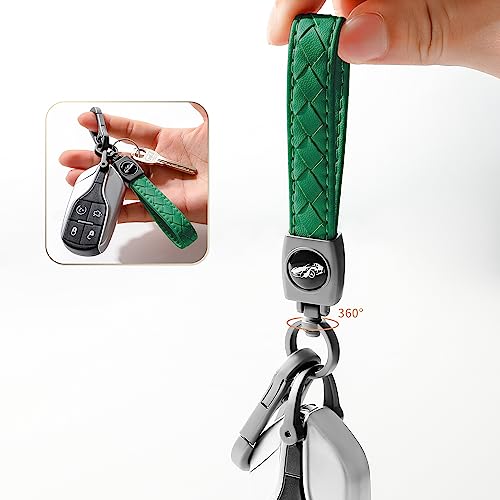 Image of Gkeygo Carabiner Keychain, Universal Heavy Duty Woven Handmade Leather Key Chain, Car Fob Key Keychains with 360 Degree Rotatable Snap Swivel and Anti-Lost D-Ring for Men and Women, Gunmetal - Green