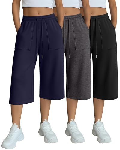 Image of 3 Pack Women's Capri Sweatpants Wide Leg Capris Casual Drawstring Loose Cropped Lounge Yoga Pants with Pockets