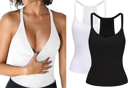 2 Pack V Neck Tank Tops for Women Built in Bra Racerback Womens Tank Tops Basics Yoga Ribbed Gym Sleeveless Shirts