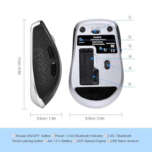 Image of cimetech Wireless Bluetooth Mouse, Computer Mouse, Slim Noiseless Optical Wireless Mice with 2400 DPI Compatible for Laptop, ipad, Mac (BT4.0+2.4G Dual Mode - Black)