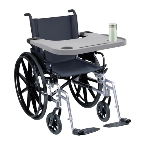 Wheelchair Tray Table, Detachable Wheelchair Lap Tray Adjustable 19.5-20.5 Inch Portable Wheelchair Tray Table with Cup Slot for Eating, Reading, Resting (Grey, with Phone Slot)
