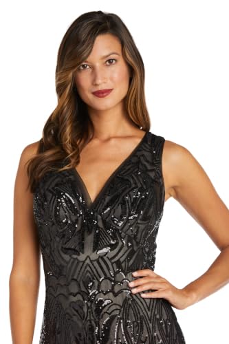 Image of R&M Richards Women's Luxurious Sequin Embellished Gown | V-Neck Formal Beaded Maxi Dress W /Contrast Lining & Godet Skirt