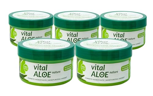 Sorbete Hidratante Aloe Vera 100% Puro 5x250 ml | Textura Gel Ligera con Aloe Vera Puro Ecológico | Crema Corporal y Facial After Sun, Post Depilación y Quemaduras | Ideal para Todo Tipo de Pieles