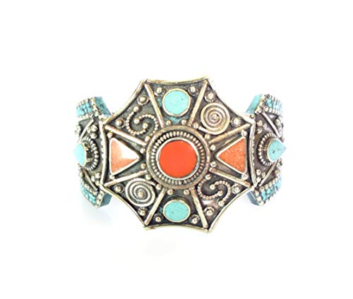 Bracelet manchette corail et turquoise vintage fait main en argent plaqué pour femme et homme