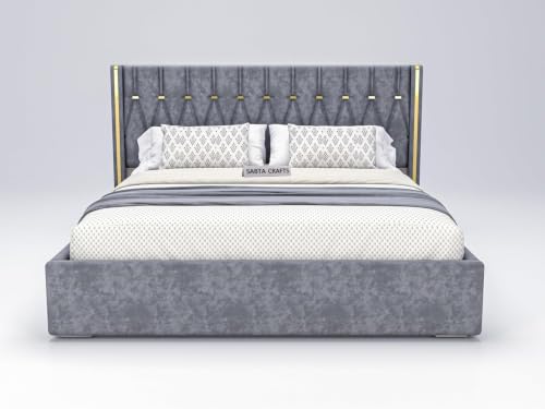 Image of Modern Upholstered King Size Bed with Box Storage for Bedroom | Wooden Double Bed with Storage | Platform Cot Bed with Upholstery Premium Fabric | Solid Sheesham Wood, (Grey), 6.5 x 6 Ft