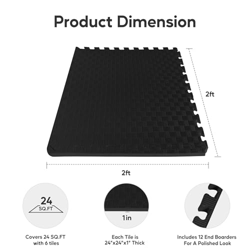 HealSmart 1 Inch Puzzle Exercise Mat, High-Density EVA Foam Floor Tiles for Home Gym, Workout Equipment, Protective Floor Padding & Kids\' Play Areas, Black, 24 Sq Ft - 6 Tiles - Thumbnail 2