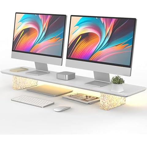 Fenge Monitor Stand Riser, Wood & Crystal Bricks Dual Computer Monitor Stand for Desk with LED Light, Office Desk Shelf Organizer for Computer, Laptop, Printer, PC & TV Screen Riser Cover