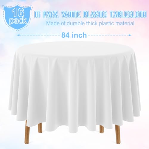 Image of 16 Pack White Plastic Tablecloth for Round Tables, Premium Decorative White Disposable Table Cloths for Parties, Bulk Round Party Table Cover for Birthday Wedding Anniversary Graduation, 84 Inch