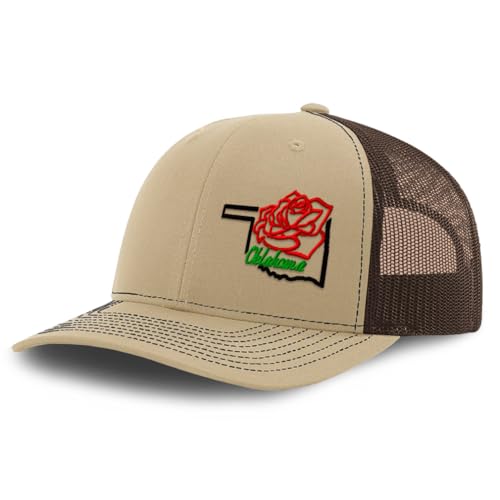 Richardson Mesh Cap Embroidered Oklahoma Flower Ok Okl. Oklahoman Sooner Trucker Hats for Men & Women Khaki Coffee Design Only