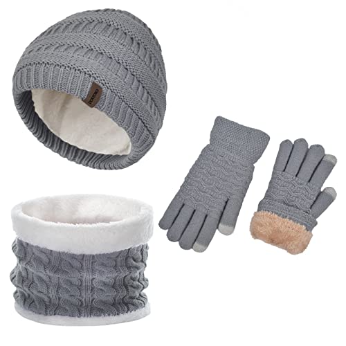 Women Beanie Hat Gloves and Scarf Set Winter Warm Knit Cap Thick Fleece Lined Neck Warmer Gray Snow Ski Cold Weather, Gorras Gorros Guantes Bufandas de Invierno para Mujer, Gift for Mom
