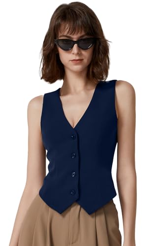 QINSEN V Neck Vest for Women Button Up Sleeveless Lined Fashion Casual Crop Waistcoat Navy L4