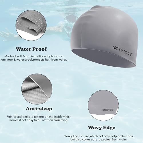 Image of Storite Silicone Swimming Cap for Men & Women (Grey) | Waterproof, For Long Hair Adults, Stretchable Anti-Slip, Pool Cap Professional Swimming Hat