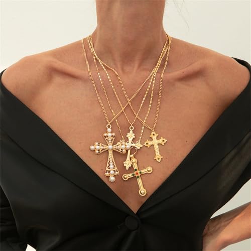 4Pcs Chunky Cross Necklaces for Women Gold/Silver Large Long Cross Pendant Necklace Y2K Trendy Statement Pearl Cross Chain Choker Cross Charm Jewelry2
