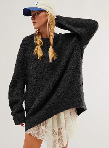 Image of Beaully Women's Oversized Crewneck Sweaters | Oversized style, Tunic sweater, Fuzzy knit, Soft knit, Loose fit, Drop shoulder