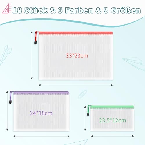 18 Stück Dokumententasche mit Reißverschluss,3 Größen Dokumententasche A4+A5+A6 Kunststoff Mesh Datei Taschen Dokumententaschen für Schule, Zuhause, Büro, Reisen, Kosmetika (6 Farben)