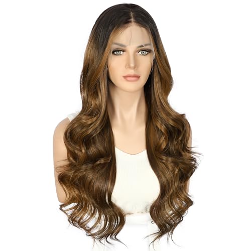 Sapphirewigs Brown Lace Front Wig 13x4 Synthetic Body Wave Ombre Brown Synthetic Lace Front Wigs for Women Party Date Daily Wear Christmas Natural Looking 26 inch - Image 3
