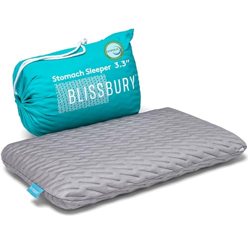 Image of BLISSBURY Stomach Sleeper Pillow, Low Loft Memory Foam, 3.3 Inch
