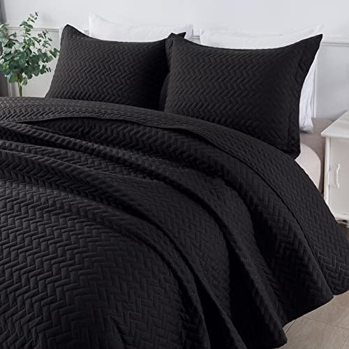 DOWNCOOL Black Quilt Sets with 2 Pillow Cases - 3 Pieces - Soft Bedspread Coverlet Bed Cover for All Season - Queen Size (90"x96")