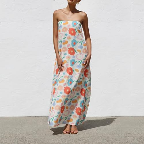 Image of Women Y2k Strapless Maxi Dress Summer Backless Floral Long Tube Dress Off Shoulder Cocktail Party Dress
