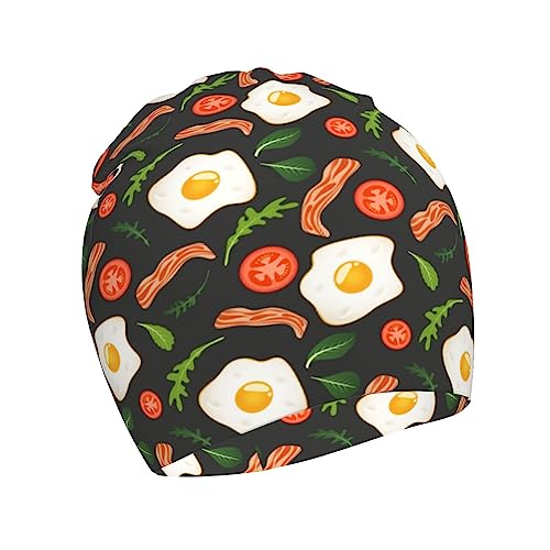 Rqzwdq Egg Yolk and Bacon Pattern Kids Beanie Hats Warm Knit Beanie Cap Skull Caps Gifts Decor for Boys Girls White